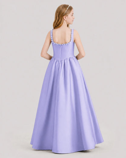 Dideyttawl Pearl Trim Square Neck Satin Junior Bridesmaid Dress