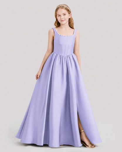 Dideyttawl Pearl Trim Square Neck Satin Junior Bridesmaid Dress