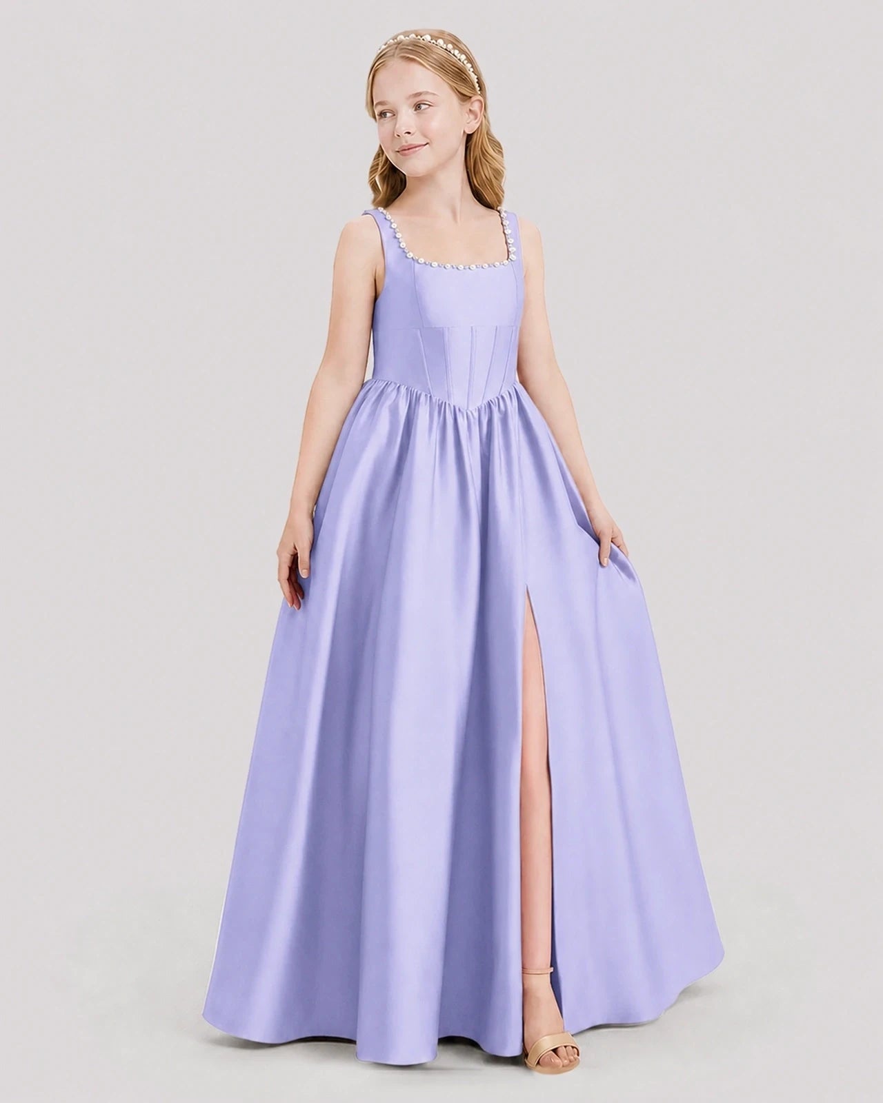Dideyttawl Pearl Trim Square Neck Satin Junior Bridesmaid Dress