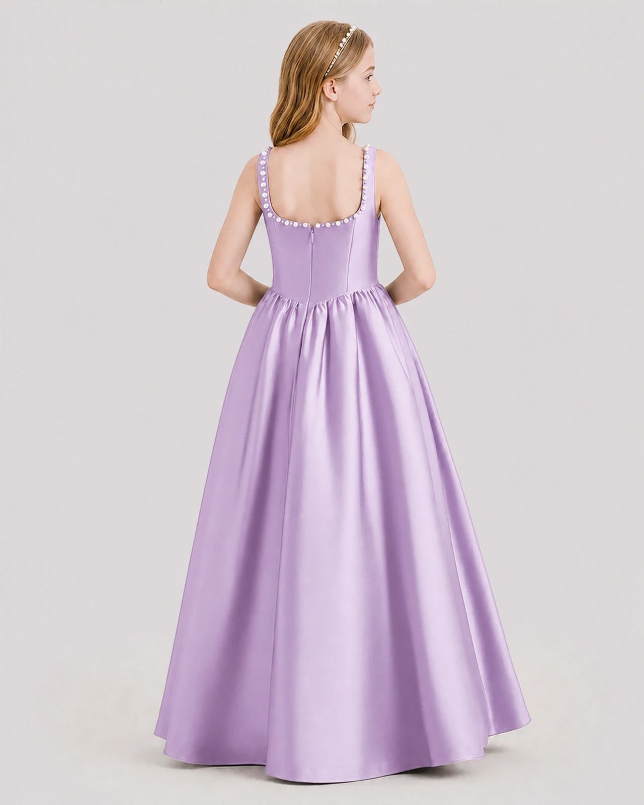 Dideyttawl Pearl Trim Square Neck Satin Junior Bridesmaid Dress