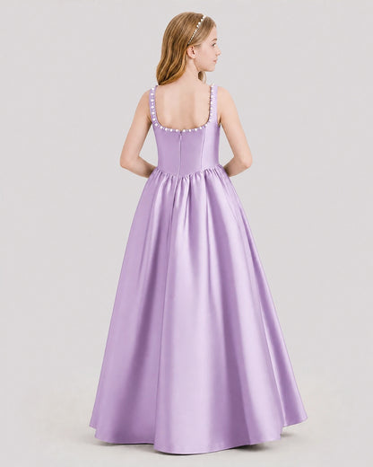 Dideyttawl Pearl Trim Square Neck Satin Junior Bridesmaid Dress