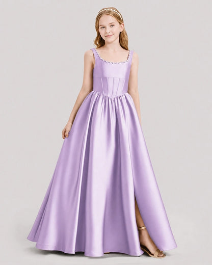 Dideyttawl Pearl Trim Square Neck Satin Junior Bridesmaid Dress
