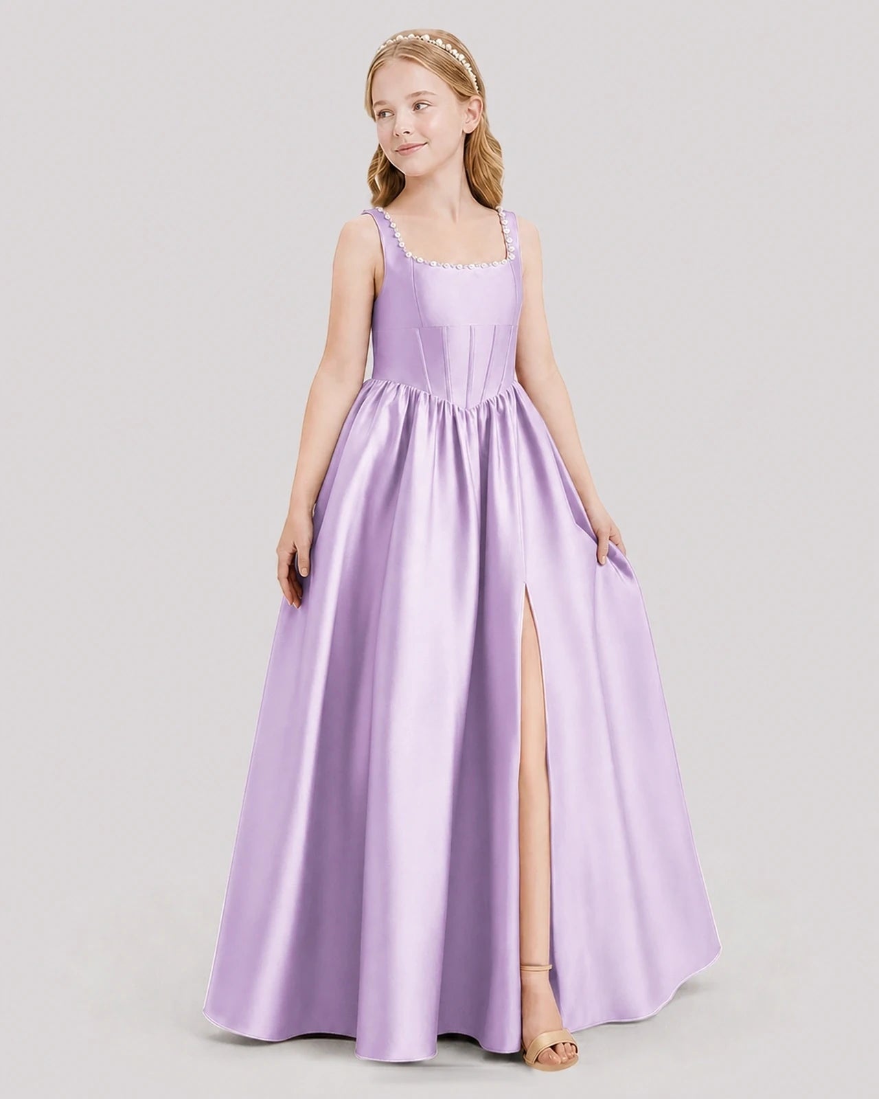 Dideyttawl Pearl Trim Square Neck Satin Junior Bridesmaid Dress