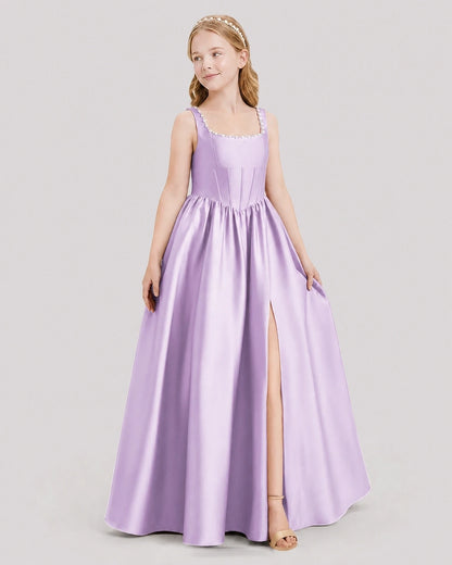Dideyttawl Pearl Trim Square Neck Satin Junior Bridesmaid Dress