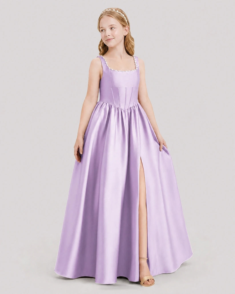 Lilac satin A-line junior bridesmaid dress Side View