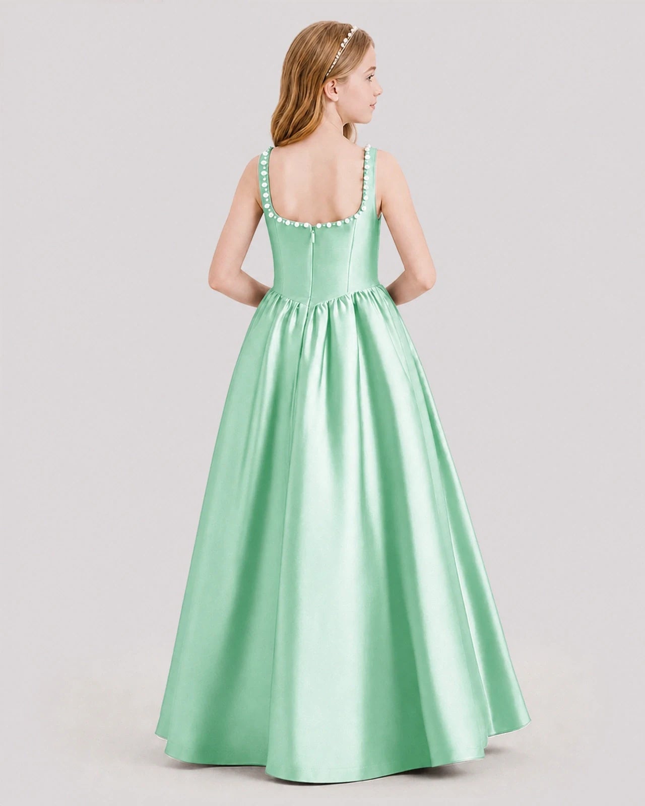 Dideyttawl Pearl Trim Square Neck Satin Junior Bridesmaid Dress