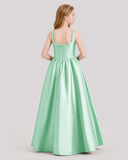 Dideyttawl Pearl Trim Square Neck Satin Junior Bridesmaid Dress