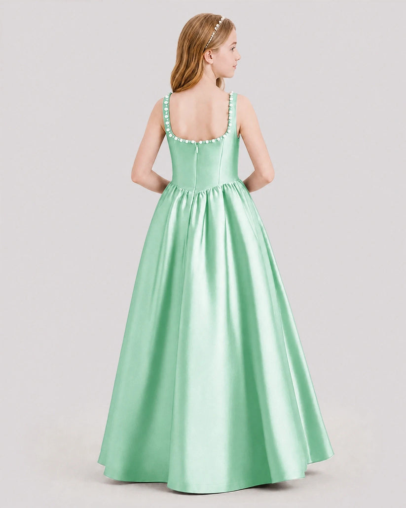 Mint Green Satin A-Line Junior Bridesmaid Dresses Back View