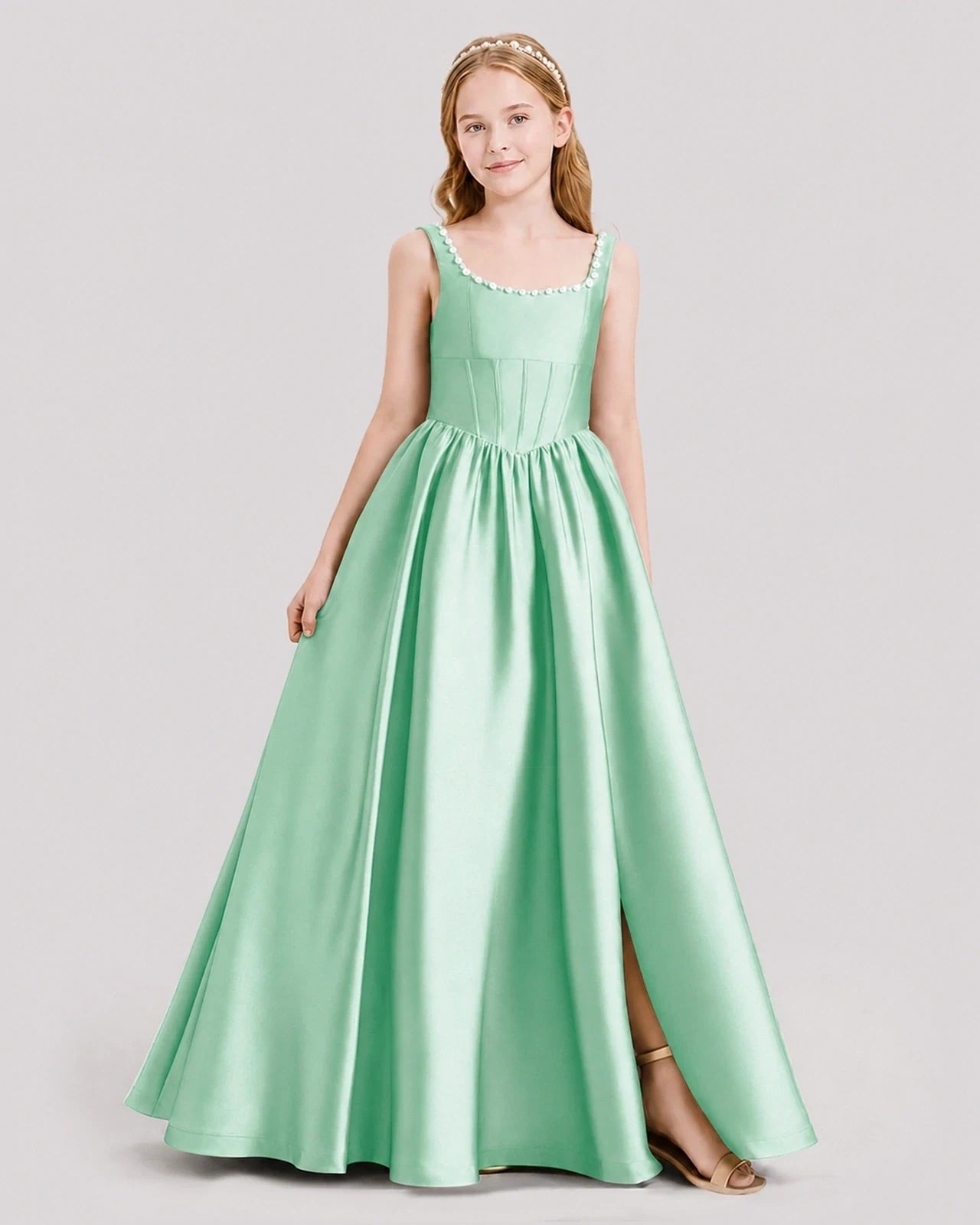 Dideyttawl Pearl Trim Square Neck Satin Junior Bridesmaid Dress