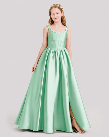 Dideyttawl Pearl Trim Square Neck Satin Junior Bridesmaid Dress