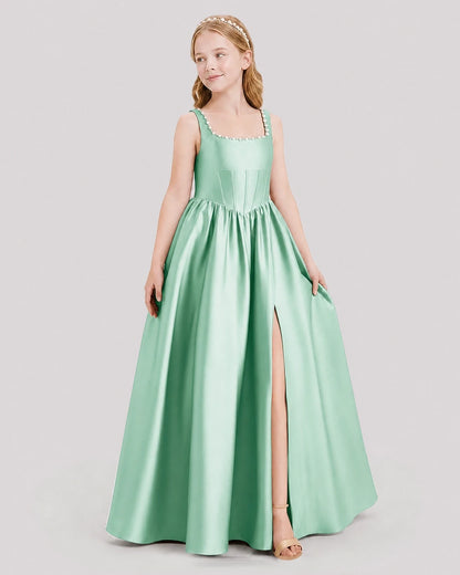 Dideyttawl Pearl Trim Square Neck Satin Junior Bridesmaid Dress