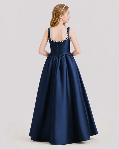 Dideyttawl Pearl Trim Square Neck Satin Junior Bridesmaid Dress