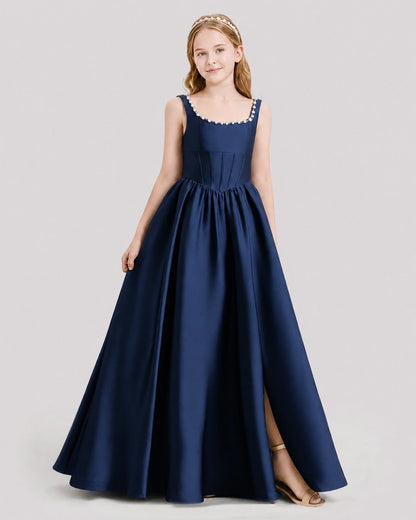 Dideyttawl Pearl Trim Square Neck Satin Junior Bridesmaid Dress