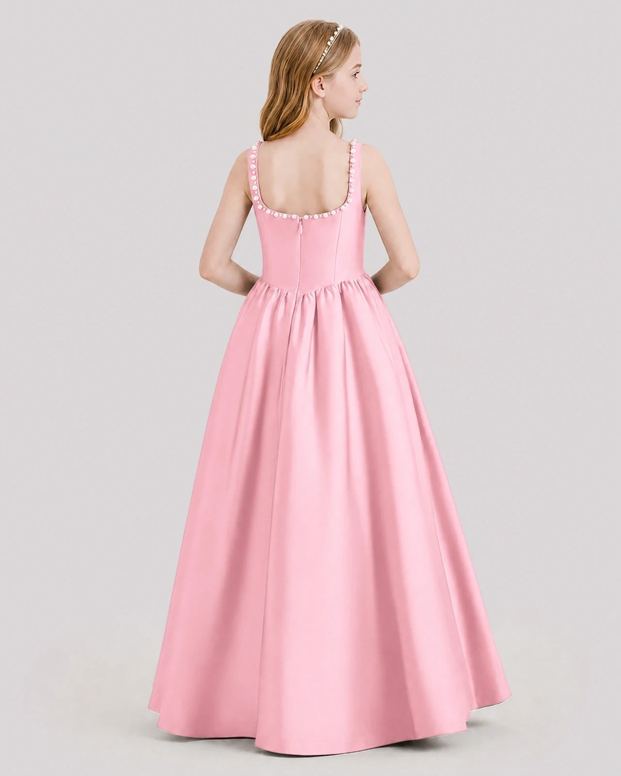 Dideyttawl Pearl Trim Square Neck Satin Junior Bridesmaid Dress