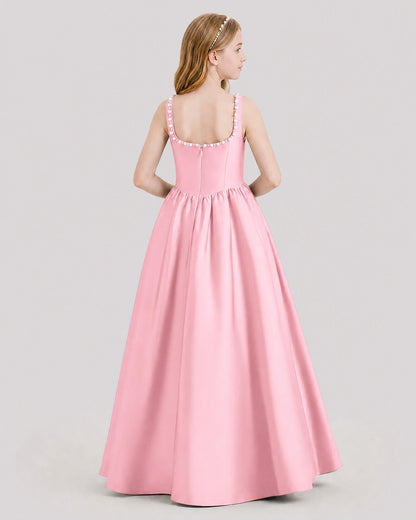Dideyttawl Pearl Trim Square Neck Satin Junior Bridesmaid Dress