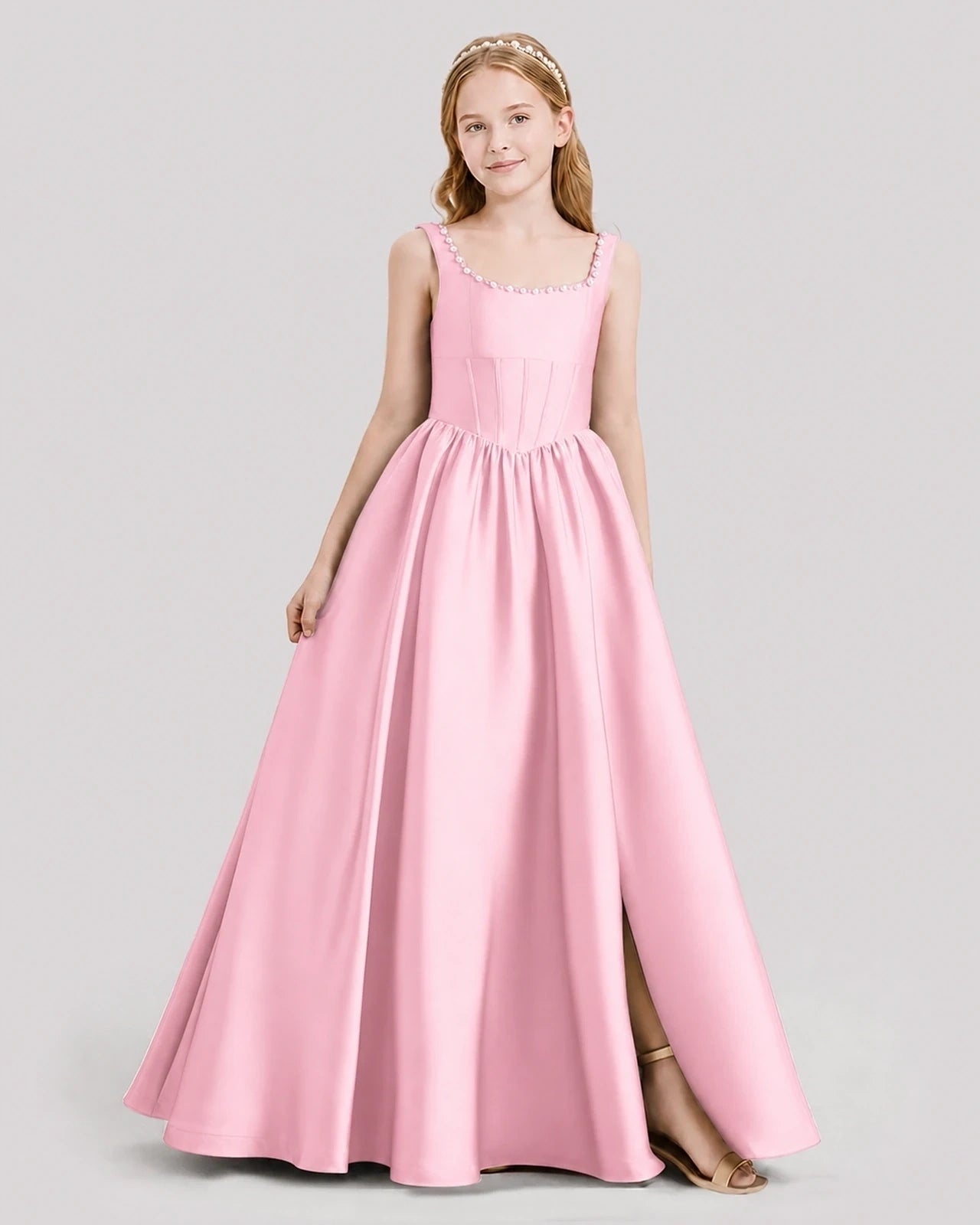 Dideyttawl Pearl Trim Square Neck Satin Junior Bridesmaid Dress