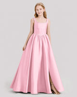 Pink satin A-line scoop neck junior bridesmaid dress Front View