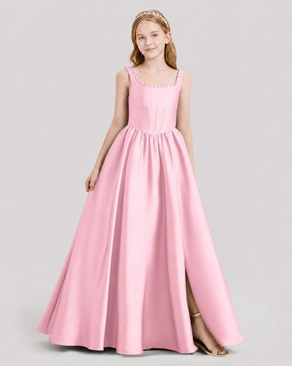 Dideyttawl Pearl Trim Square Neck Satin Junior Bridesmaid Dress
