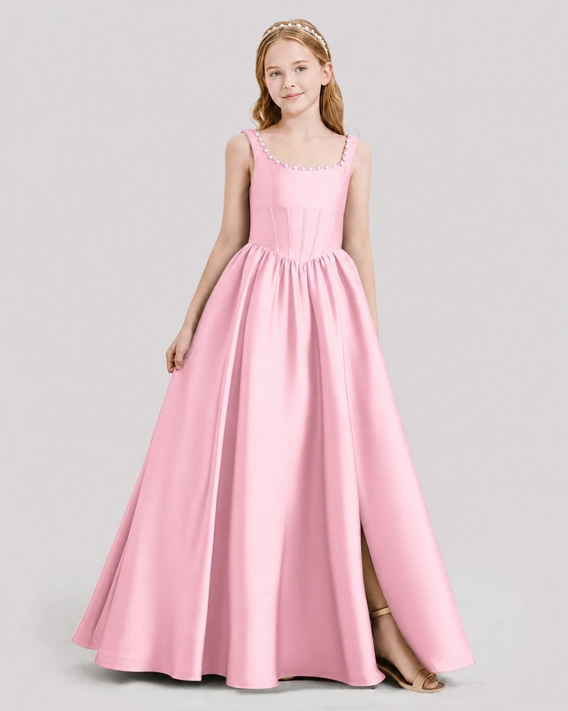 Pink satin A-line scoop neck junior bridesmaid dress Front View