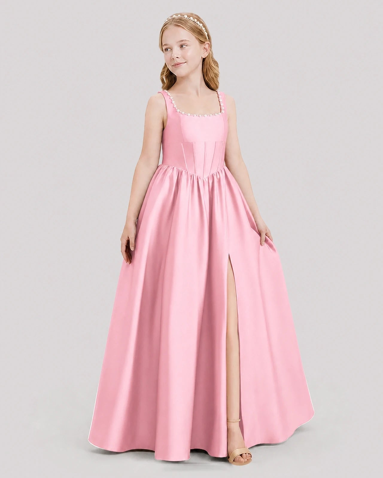 Dideyttawl Pearl Trim Square Neck Satin Junior Bridesmaid Dress