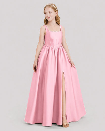 Dideyttawl Pearl Trim Square Neck Satin Junior Bridesmaid Dress