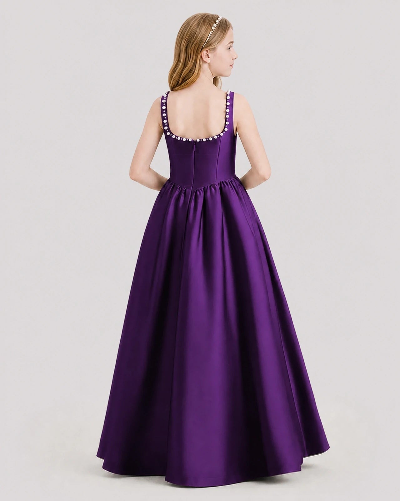 Dideyttawl Pearl Trim Square Neck Satin Junior Bridesmaid Dress