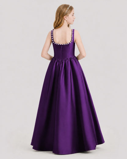 Dideyttawl Pearl Trim Square Neck Satin Junior Bridesmaid Dress