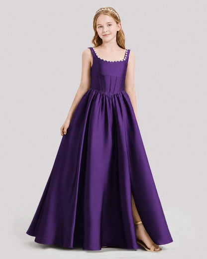 Dideyttawl Pearl Trim Square Neck Satin Junior Bridesmaid Dress