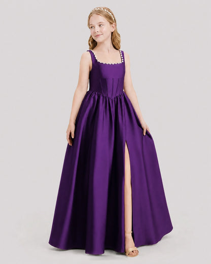Dideyttawl Pearl Trim Square Neck Satin Junior Bridesmaid Dress
