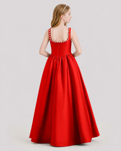 Dideyttawl Pearl Trim Square Neck Satin Junior Bridesmaid Dress