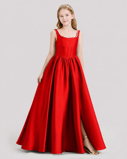 Dideyttawl Pearl Trim Square Neck Satin Junior Bridesmaid Dress