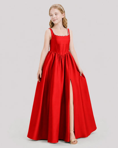 Dideyttawl Pearl Trim Square Neck Satin Junior Bridesmaid Dress