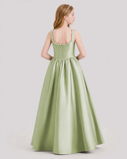 Dideyttawl Pearl Trim Square Neck Satin Junior Bridesmaid Dress