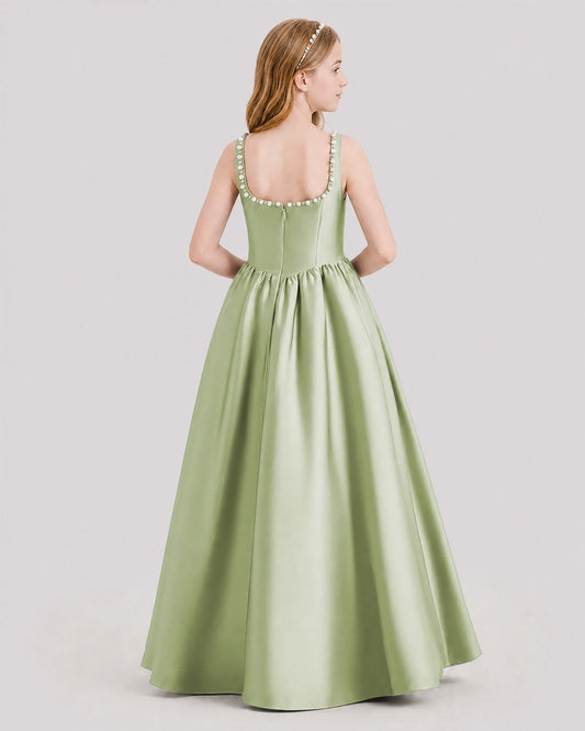 Sage Green Satin A-Line Junior Bridesmaid Dresses Back View