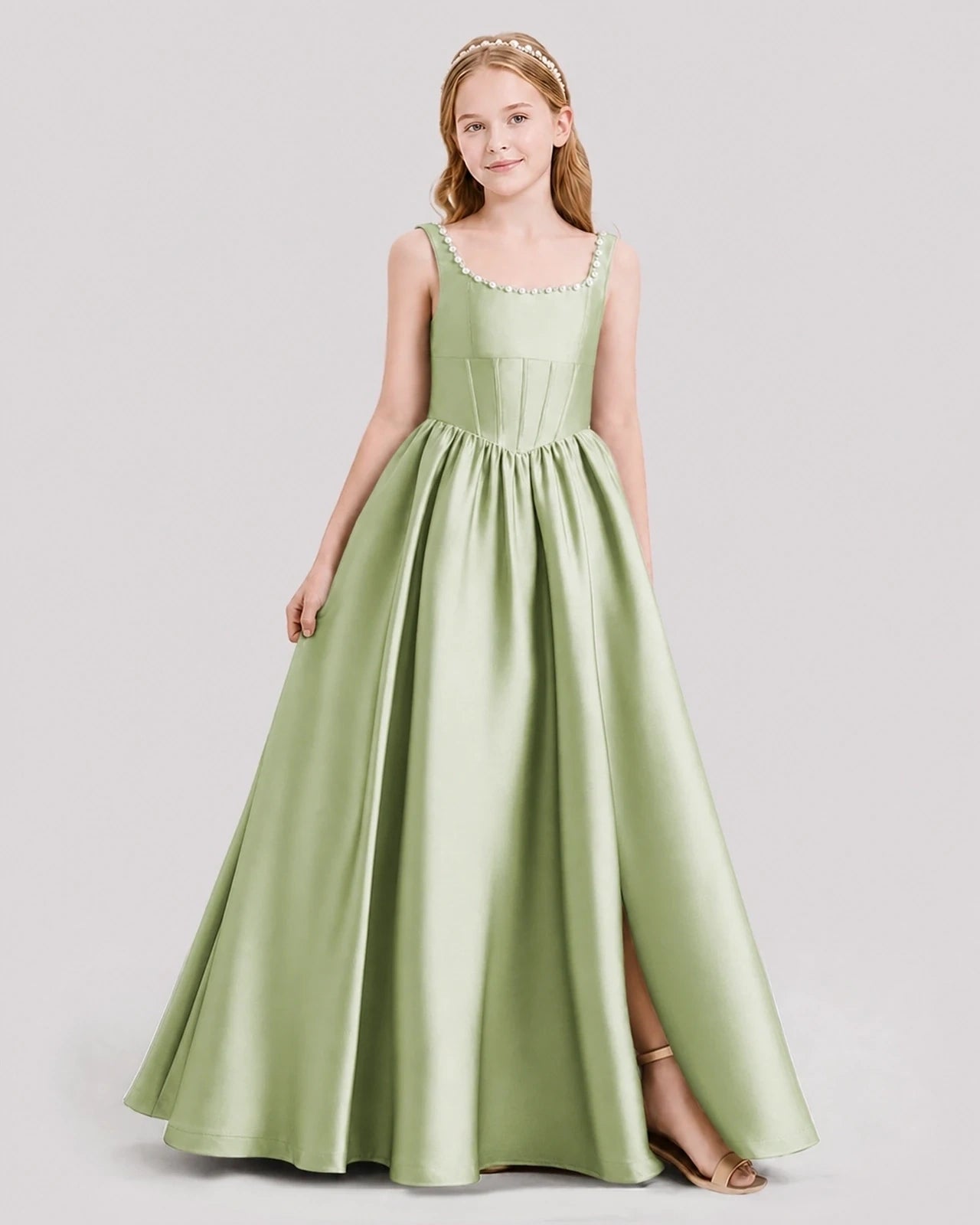 Dideyttawl Pearl Trim Square Neck Satin Junior Bridesmaid Dress