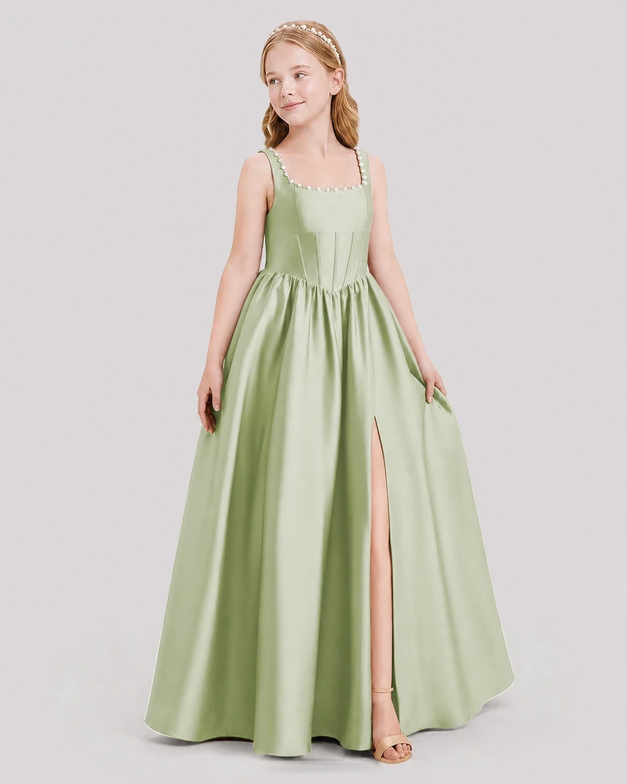 Dideyttawl Pearl Trim Square Neck Satin Junior Bridesmaid Dress