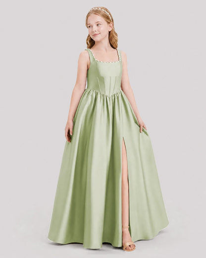 Dideyttawl Pearl Trim Square Neck Satin Junior Bridesmaid Dress