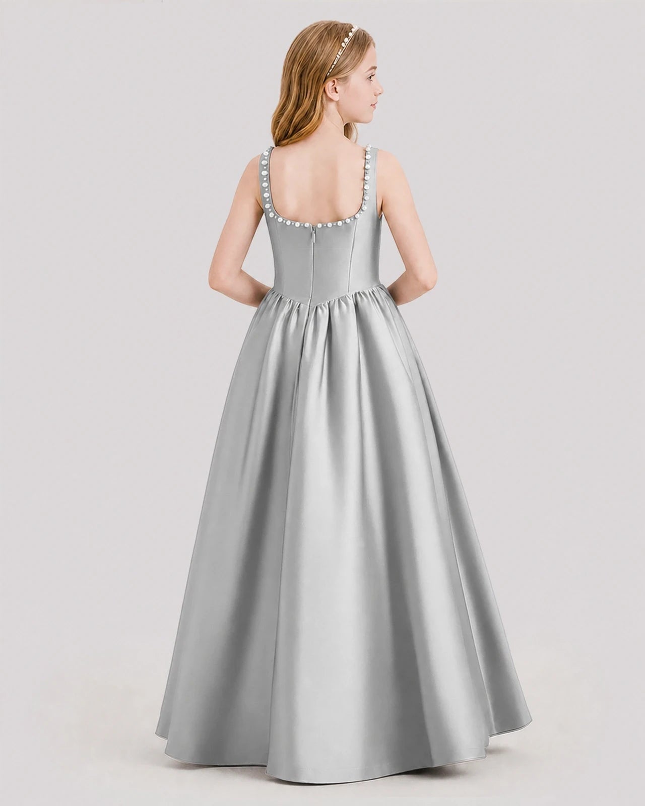 Dideyttawl Pearl Trim Square Neck Satin Junior Bridesmaid Dress