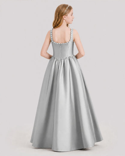 Dideyttawl Pearl Trim Square Neck Satin Junior Bridesmaid Dress