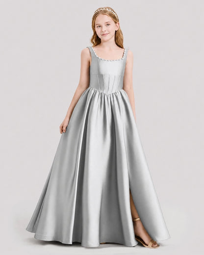 Dideyttawl Pearl Trim Square Neck Satin Junior Bridesmaid Dress