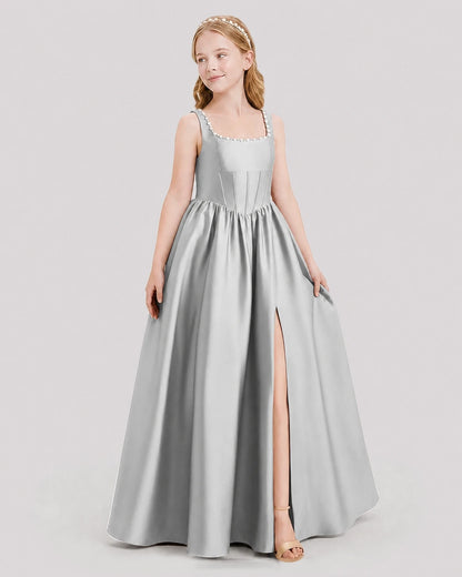 Dideyttawl Pearl Trim Square Neck Satin Junior Bridesmaid Dress
