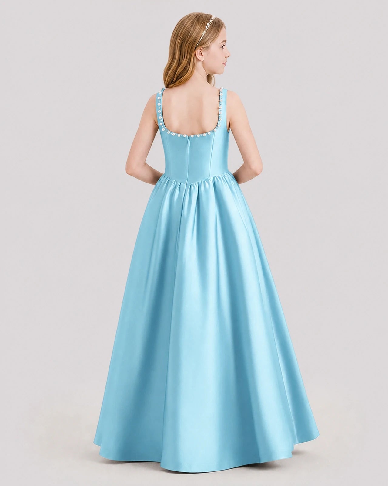 Dideyttawl Pearl Trim Square Neck Satin Junior Bridesmaid Dress