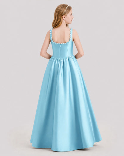 Dideyttawl Pearl Trim Square Neck Satin Junior Bridesmaid Dress