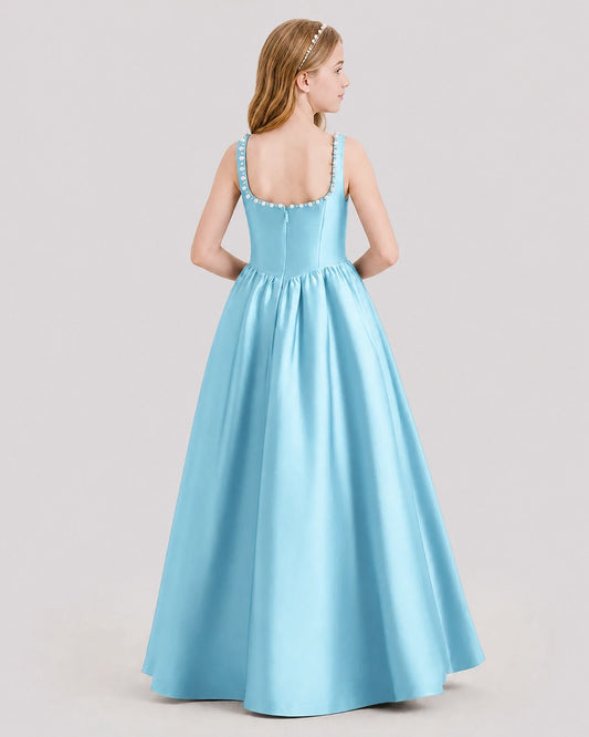 Sky Blue Satin A-Line Junior Bridesmaid Dresses Back View