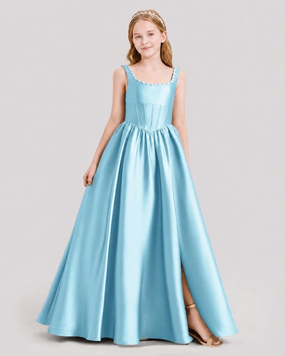 Dideyttawl Pearl Trim Square Neck Satin Junior Bridesmaid Dress