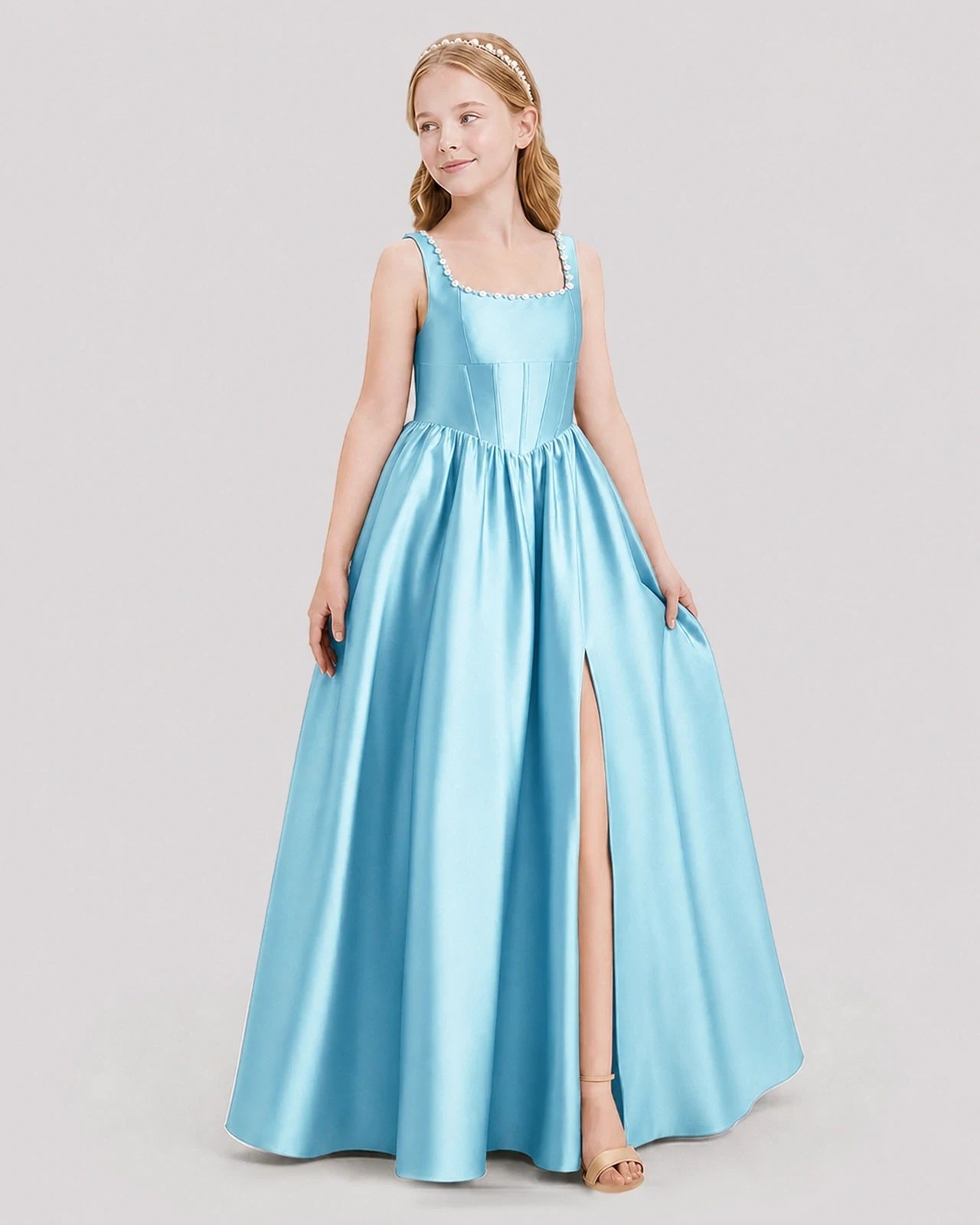 Dideyttawl Pearl Trim Square Neck Satin Junior Bridesmaid Dress