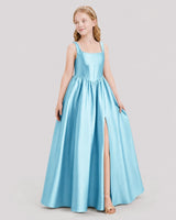 Sky Blue Satin A-Line Junior Bridesmaid Dresses Side View