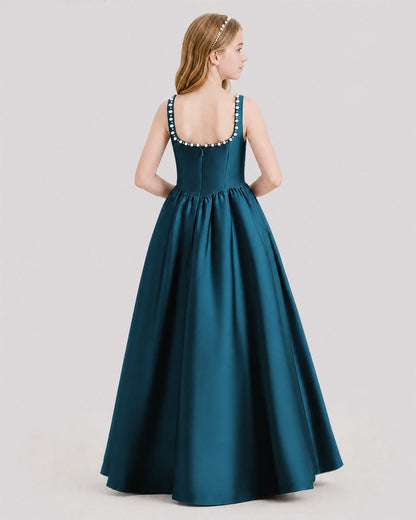 Dideyttawl Pearl Trim Square Neck Satin Junior Bridesmaid Dress