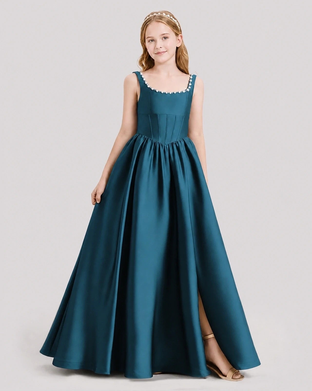 Dideyttawl Pearl Trim Square Neck Satin Junior Bridesmaid Dress