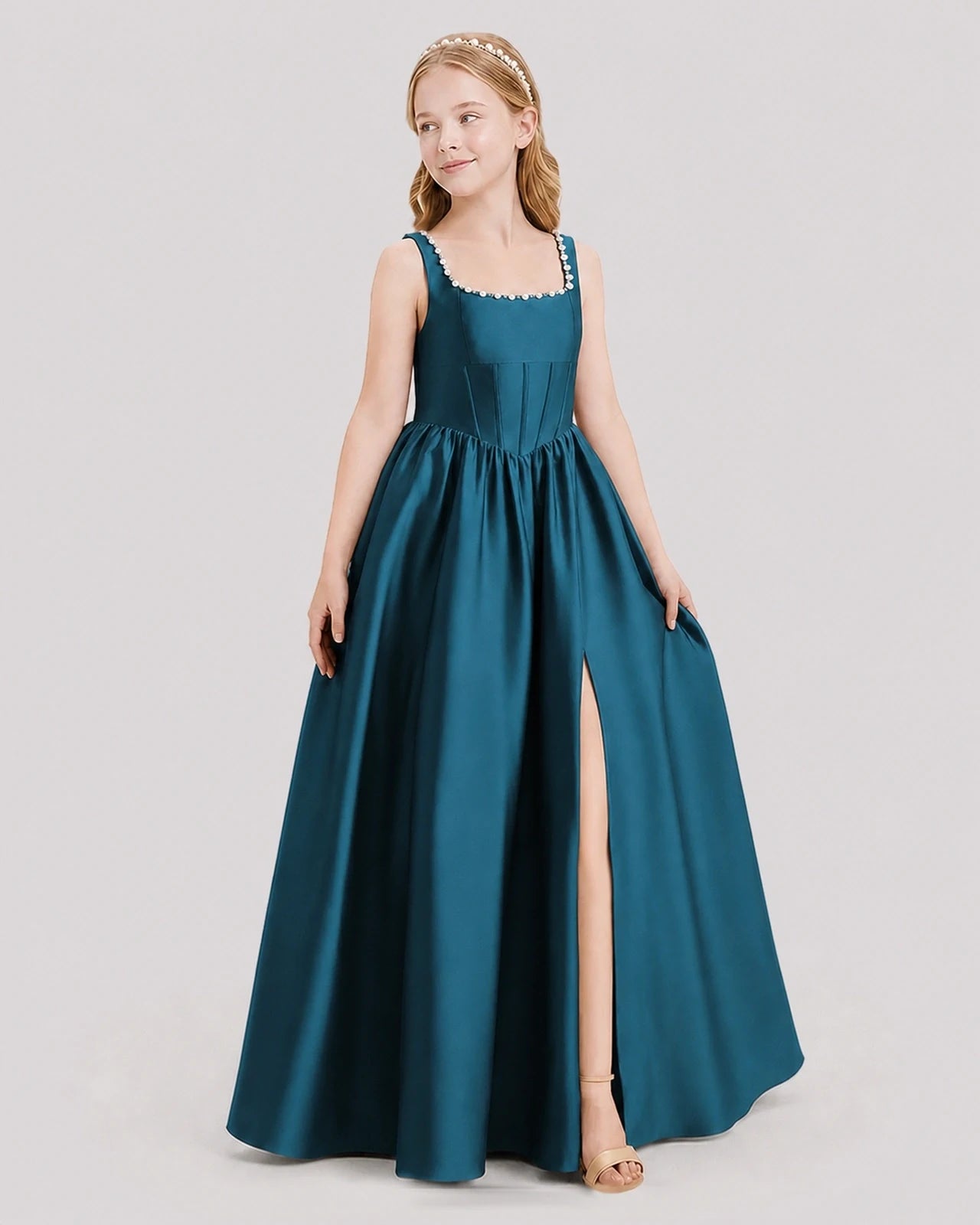 Dideyttawl Pearl Trim Square Neck Satin Junior Bridesmaid Dress